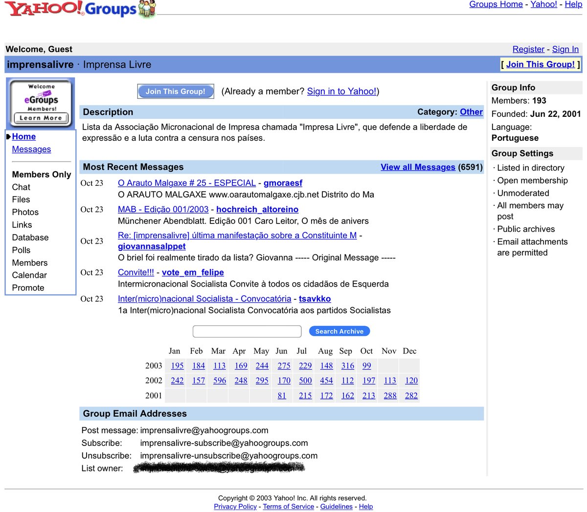 One of the largest micronational forums of all time was the Portuguese-language "Impresa Livre," created in June 2001 by the Micronational Press Association (Associação Micronacional de Impresa). Before becoming spammed in the late 2000s, it had over 450 registered users.