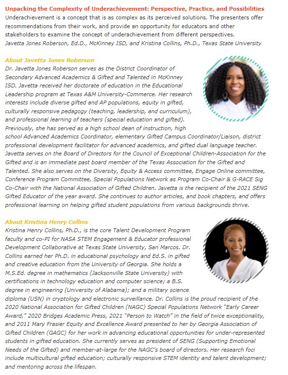 <a href="/TXGifted/">TAGT</a> <a href="/DinaBrulles/">Dina Brulles</a> <a href="/brianhousand/">Brian Housand</a> <a href="/mcnairan3/">Andi McNair #ameaningfulmess</a> <a href="/AnnShoplik/">Ann Shoplik</a> <a href="/the_gifted_guy/">Todd'sGiftedRants</a> <a href="/chrstinef/">Christine Fonseca</a> @nielsen_pereira <a href="/DrVickiPhelps/">Vicki Phelps</a> <a href="/KarahLew/">Karah Lewis</a> Friday - Unpacking the Complexity of Underachievement: Perspective, Practice, and Possibilities <a href="/DrJJRoberson12/">Dr. Javetta Jones Roberson</a> @epsychdr