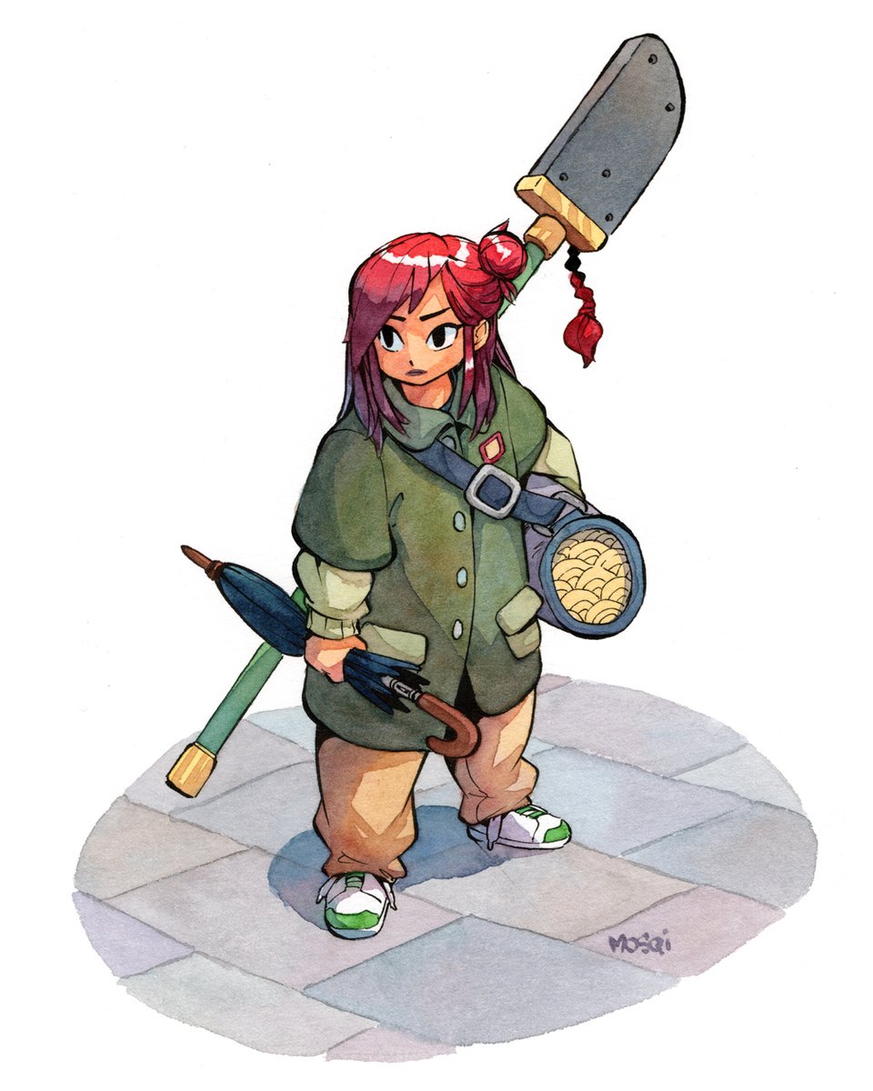 solo 1girl weapon polearm red hair holding hair bun  illustration images