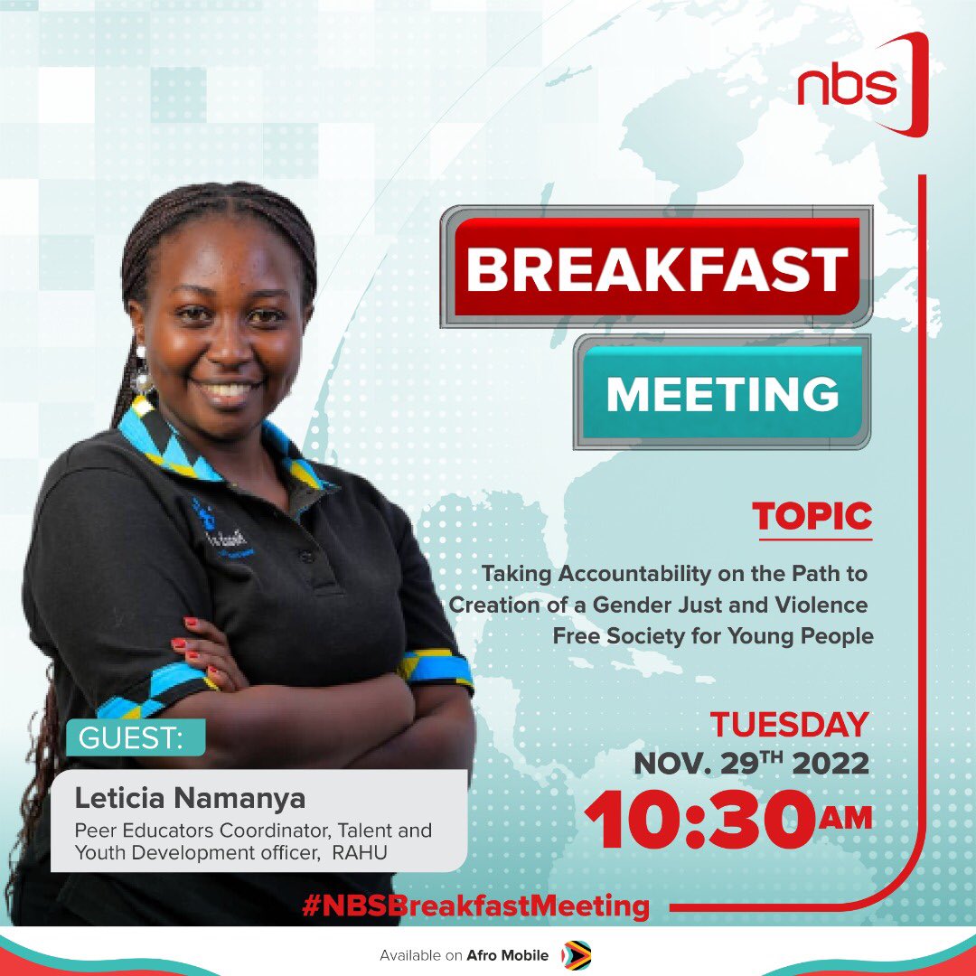 .@AKasingye, AIGP (Rtd) @PoliceUg, @AmuronRuth, programme manager, strategic litigation @cehurduganda, & @LeticiaNamanya8, Talent & Youth Development Officer @reachahand will be on the #NBSBreakFastMeeting tomorrow at  10:30am to discuss the topic at hand. 
Tune in
#16DaysAndMore