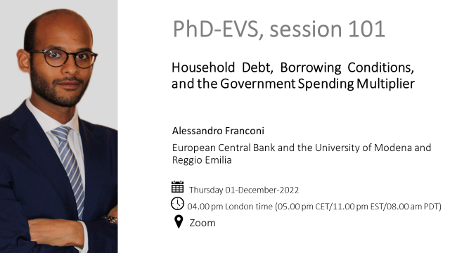 PhdEvs's tweet photo. Join us this Thursday for @Alefranconi90 's presentation on the role of household borrowing conditions in Government Spending Multiplier!
Register here to receive the zoom link🗓:
https://t.co/SySqajBqe5
#EconTwitter #JMC #JMP #AppliedMacro #phdlife https://t.co/mi78HYxW3N