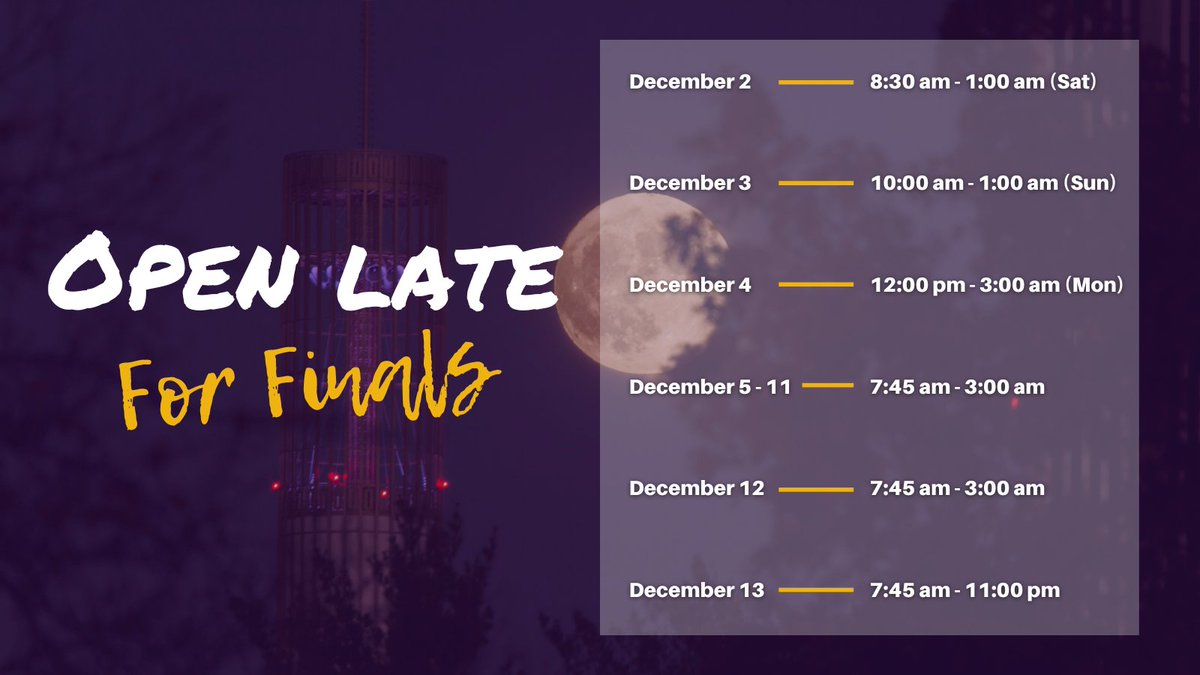 UAlbanyLibs's tweet photo. The University Library is open late for finals starting today, 12/2!
Stop by and study!
As always, a full list of building hours can be found at the link in our bio!
#UAlbany #UAlbanyLibs #BuildingHours #OpenLate #Studying #Libraries https://t.co/La1Ou5APEy