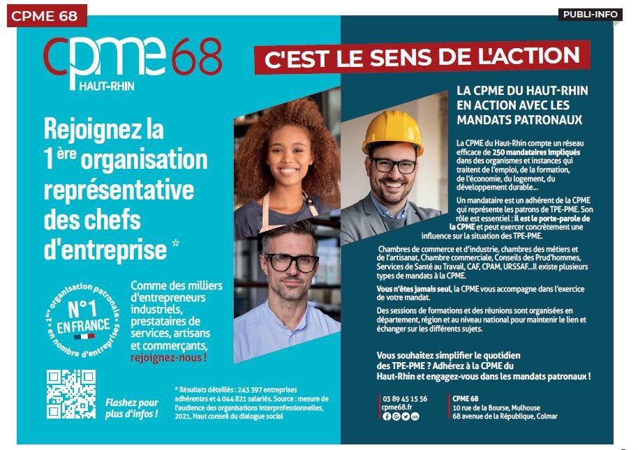 Cpme68's tweet image. #CPME
#1ereOrganisationPatronale
#Mandats 
Rejoignez nous dans l'action ! 👉 à retrouver dans quelques jours dans le journal économique des entreprises du Haut-Rhin Le Periscope 💡