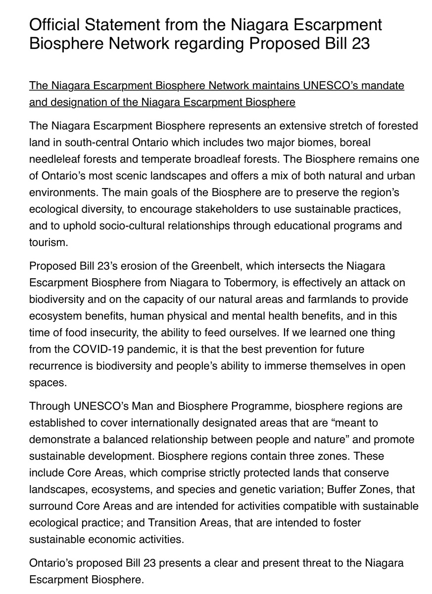 The NEBN maintains United Nation's <a href="/UNESCO/">UNESCO 🏛️ #Education #Sciences #Culture 🇺🇳</a> mandate &amp; designation of the Niagara Escarpment Biosphere, which is also part of the #Greenbelt.They have just put out a statement that #Bill23 threatens the Biosphere. This brings much needed global attention to protection of #Greenbelt