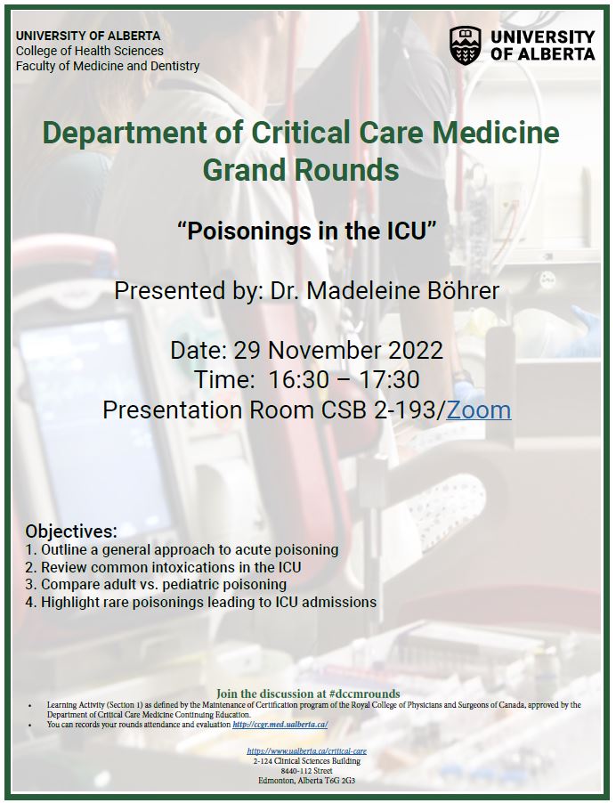 Please join us Tuesday November 29th for Critical Care Medicine Grand Rounds.  Dr. Madeleine Böhrer will be presenting 'Poisonings in the ICU' #dccmrounds