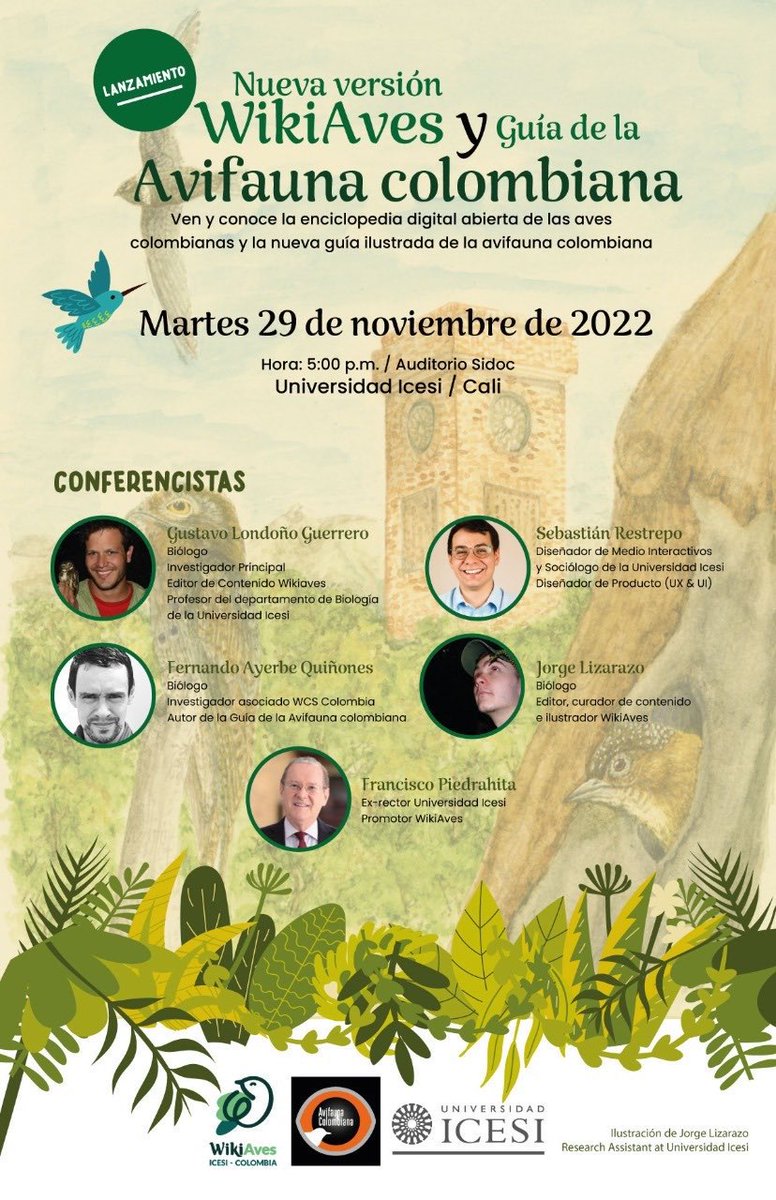 Se viene lanzamiento Guía de Avifauna Colombiana de <a href="/ferayqui/">Fer Ayerbe-Quiñones</a> y la nueva versión de #WikiAves de Colombia <a href="/icesi/">Universidad Icesi</a>, martes 29/Nov, 5 pm en el Auditorio <a href="/sidocsas/">SIDOCSAS</a>, en Cali ve! 
<a href="/BirdsColombia/">Birds Colombia</a> <a href="/NikyCarreraLevy/">Niky Carrera Levy</a> <a href="/ranamarilla/">Ana Maria Castaño</a> <a href="/diegoetorres/">Diego Emerson</a> <a href="/kolbitos/">Angela Lopez R</a> <a href="/diegoCOLbirding/">diegocolombiabirding</a> <a href="/LaAgendadelMar/">Agenda del Mar</a>