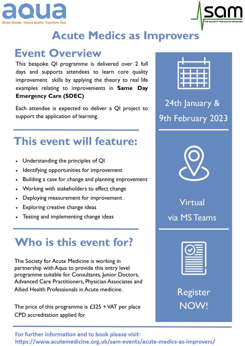 Chris Subbe (@csubbe) on Twitter photo Society for Acute Medicine’s bespoke QI course in partnership with <a href="/Aqua_NHS/">Advancing Quality Alliance (Aqua)</a> with a particular focus on Same Day Emergency Care (SDEC). 25 spaces so please sign up early to avoid disappointment via acutemedicine.org.uk/sam-events/acu… #QI #SDEC <a href="/acutemedicine/">SAM Online</a> <a href="/RagitVaria/">Ragit Varia</a> #SAMManchester Society for Acute Medicine’s bespoke QI course in partnership with <a href="/Aqua_NHS/">Advancing Quality Alliance (Aqua)</a> with a particular focus on Same Day Emergency Care (SDEC). 25 spaces so please sign up early to avoid disappointment via acutemedicine.org.uk/sam-events/acu… #QI #SDEC <a href="/acutemedicine/">SAM Online</a> <a href="/RagitVaria/">Ragit Varia</a> #SAMManchester