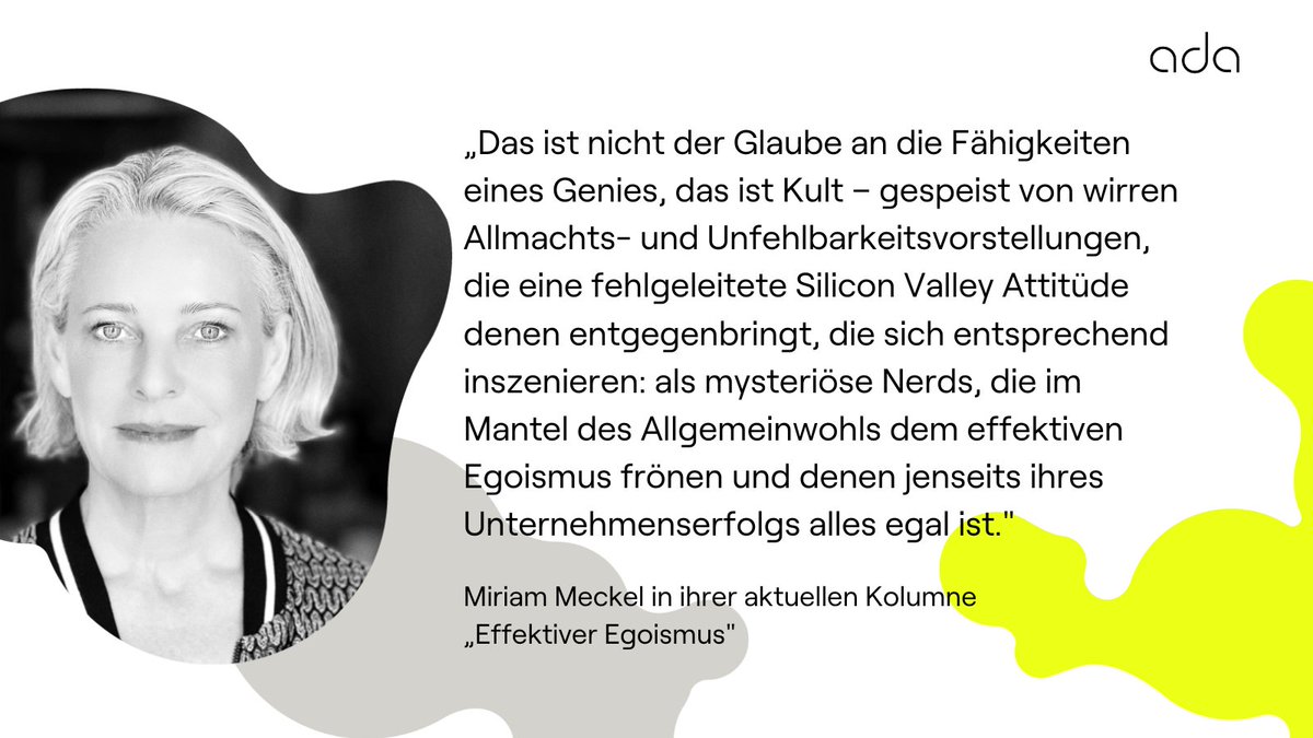 Effektiv wohltätig sein, das ist das Ziel der Bewegung des „effektiven Altruismus”, die sich vor allem in der Techbranche großer Beliebtheit erfreut – auch zur persönlichen Selbstinszenierung. Unsere Kolumnistin @mmeckel nervt dieser „naive Personenkult”. ada-magazin.com/de/effektiver-…