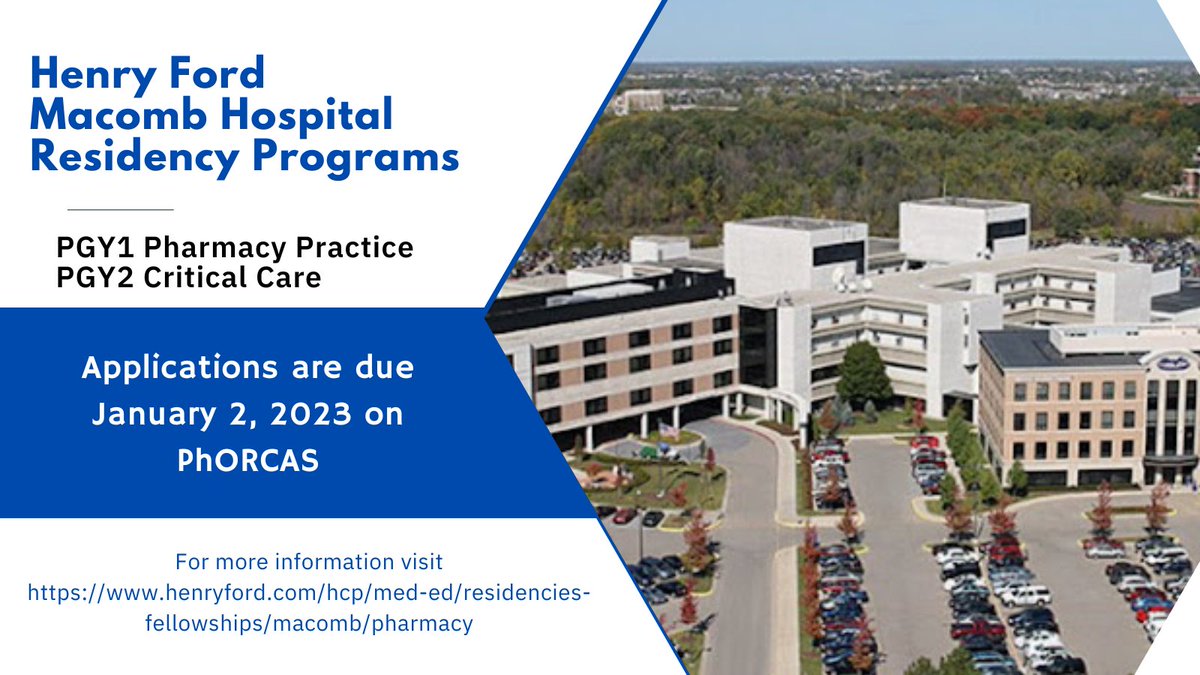 🚨Don't forget! Applications to our #PGY1Pharmacy and #PGY2CriticalCare #PharmRes programs are due Monday, January 2, 2023! Feel free to contact us if you have any questions!