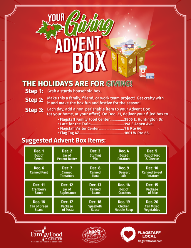 Flaglocal's tweet photo. The Holidays are for Giving! Read more with our newsletter. 💚https://t.co/QTblkaca9x #MyActionsMatter #Flagstafflocal #YourGivingAdventBox 🎁 #LightTheWorld https://t.co/rrl94KvzuJ