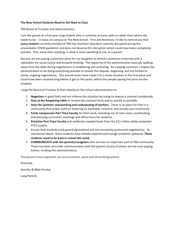 Dear TNS Administration, Parents have organized.  We are upset, angry, alienated, frustrated, energized and activated. MAKE THIS STOP! These kids have been through enough academic upheaval.  Respect your faculty. #TNSBackToSchool #thenewschool #strikeonTNS