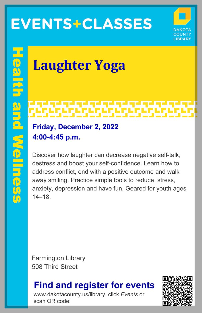LaughHealthy1's tweet photo. Do you want to gift a #teen in your life an amazing experience? #FarmingtonMN #library is hosting a #free #laughter session this #Friday #stressrelief #selfcare #fun Charlie Chaplin said, "A day without laughter is a day wasted." Don't miss this opportunity! https://t.co/zpHu5xBn3R