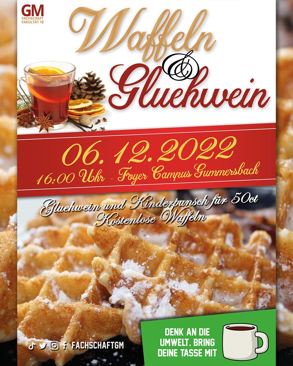 Leise rieselt der Puderzucker auf unsere frisch gebackenen Waffeln und dazu schnuppert man den Duft von Glühwein in der Luft. Stimmt euch schonmal auf Weihnachten ein und holt euch am
6. Dezember einen Glühwein mit Waffeln ab.

#fachschaftgm #waffeln #glühwein #weihnachtsstimmung