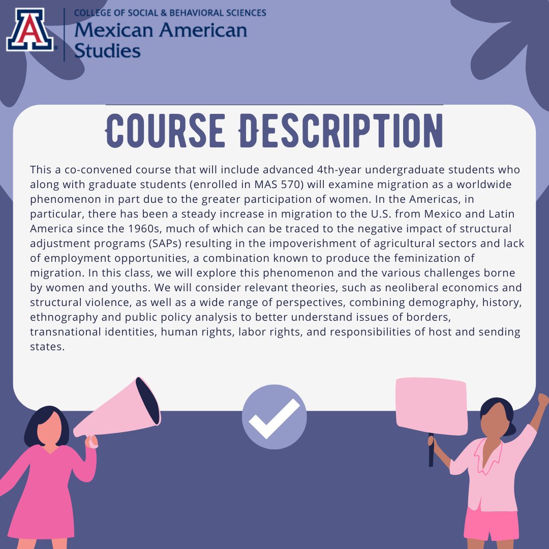 ATTN: UA Students. Looking for a SP2023 class? Consider enrolling in MAS 470: The Feminization of Migration