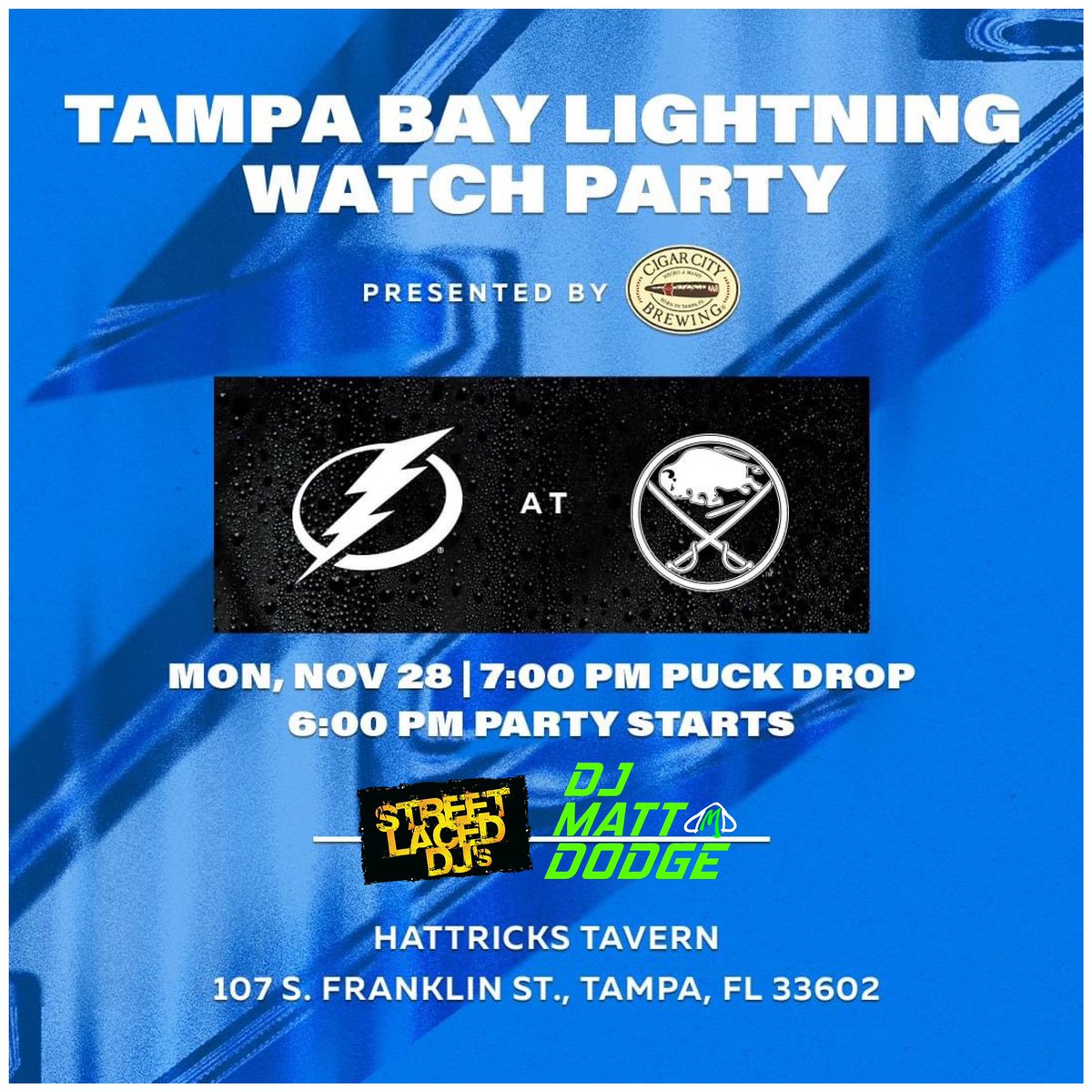 #BoltsNation! We hope to see YOU tonight for the official @TBLightning WATCH PARTY at @HattricksTavern in @Tampasdowntown! @DJMattDodge on party vibes, @ThunderBugTBL, #BoltsBlueCrew, @TBLRollingTHNDR, autographed giveaways, specials & more! Bolts battle @BuffaloSabres! #GoBolts