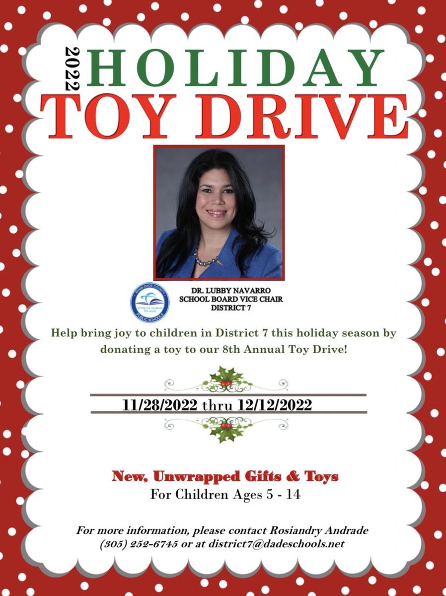 I am hosting my 8th Annual Holiday Toy Distribution Event! If you would like to donate new, unwrapped toys for children between ages 5-14 - please let me know at my email: district7@dadeschools.net 🎁🎄