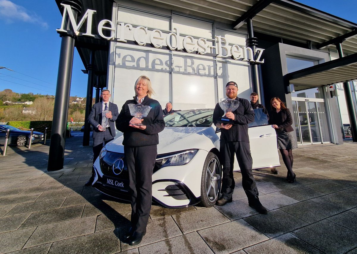 MercedesBenzIre's tweet photo. Huge congratulations to @MSLCorkMercedes who have been named as @MB_IRELAND Dealer of the Year for a third year in a row! This award recognizes “best performance” across a wide range of areas in the Dealership. Congratulations to all the team! #MercedesBenz #Mercedes #MSLCork https://t.co/Y1NybD1ez1