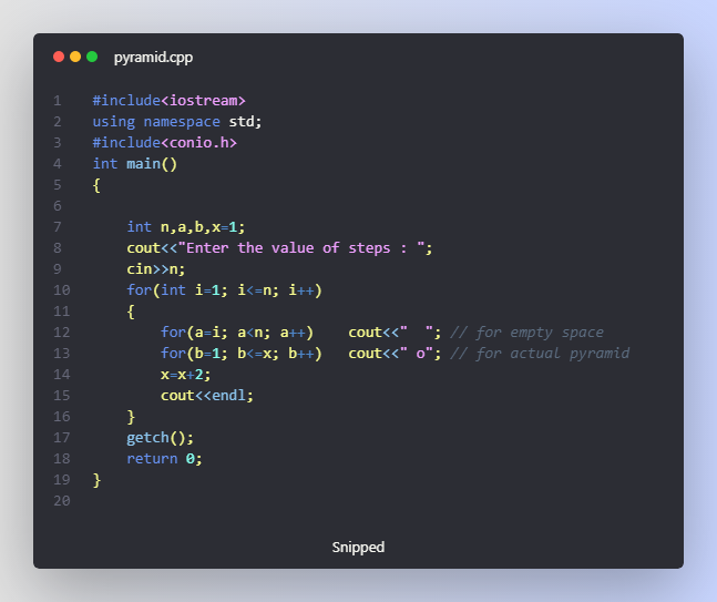 #Day15 
Project : Pyramid (Stars)
Language : C++ 

#programming  #daily #programmer #python3 #Python #Java #javascript  #cpplanguage #clanguage #ArtificialIntelligence  #webdevelopment  #DataScience  #DataVisualization #appdevelopment #tech #technical #girlscript #googledevs