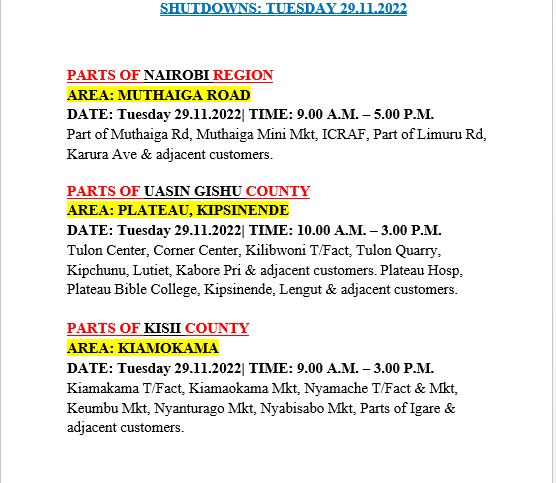 KenyaPower_Care's tweet photo. Good Evening, 
The following areas will be on a scheduled outage tomorrow, Tuesday 29.11.2022. ^CM https://t.co/Z1bV4lI59p