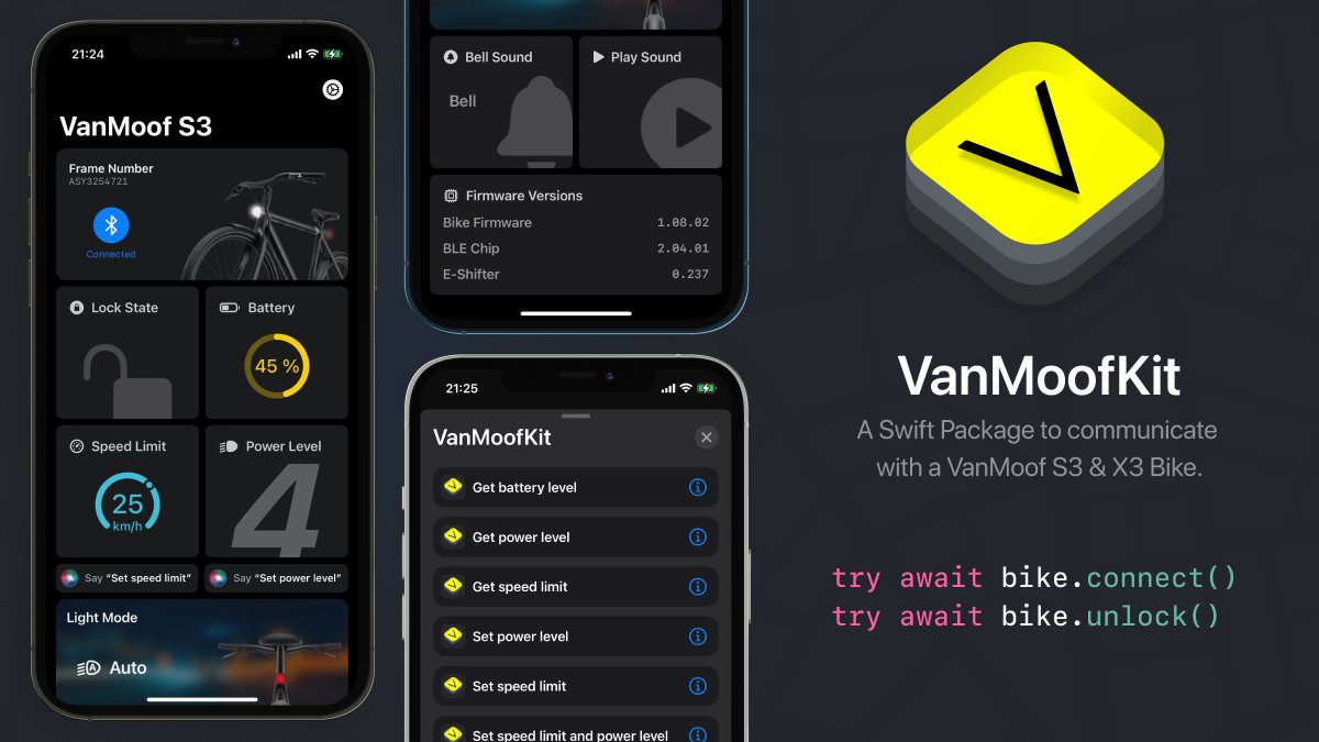 Released VanMoofKit on GitHub 🚲
A Swift Package (currently in beta) to communicate with a VanMoof S3 &amp; X3 Bike.

github.com/SvenTiigi/VanM…

#VanMoof #iosdev #Swift #opensource #github