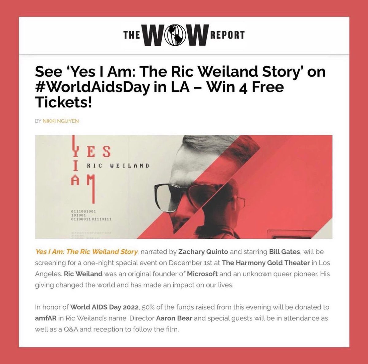 WorldOfWonder's tweet photo. In recognition of #WorldAIDSDay, @YesIAmFilm will be screening this Thursday 12/1 in L.A.'s Harmony Gold Theater, following a reception and Q&amp;A with director Aaron Bear. 50% of proceeds will be donated to @amfAR in Ric Weiland's name. ❤️

Tickets: https://t.co/cKInwdcCxG https://t.co/GgTX01Xwe7
