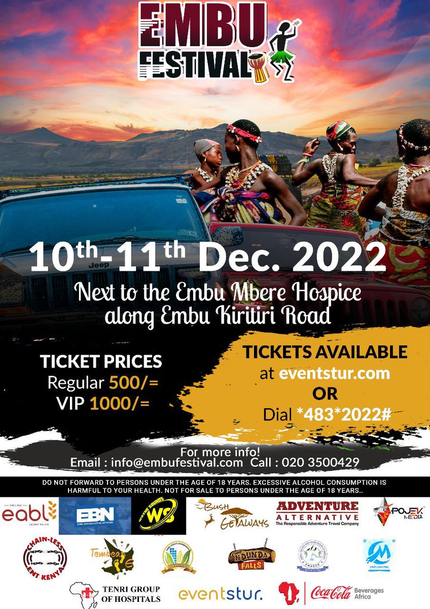 Embu, Festival 4x4 Challenge 
Date: 10th - 11th Dec. 2022 

Hospice Artist Performances | Art Exhibits I Game Arcades Local Cuisines I Photography | Film Screenings Body Art | Charity Drive 

Tickets available at eventstur.com or Dial *483*2022#