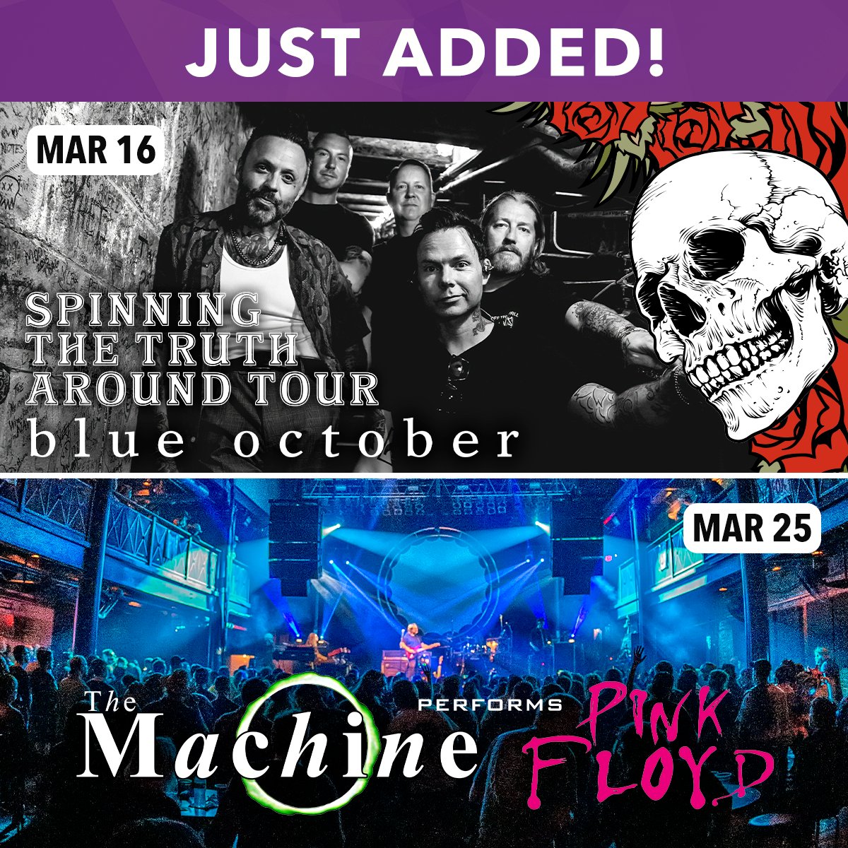 JUST ADDED! Blue October member pre sale live now! The Machine member pre sale live tomorrow, Tues, Nov 29 at 10AM. General on sale this Fri, Dec 2 at 10AM.⁠ ⁠ @blueoctober Thurs, March 16, 2023 at 8PM⁠ ⁠ @themachinelive⁠ Sat, March 25, 2023 @ 8PM⁠