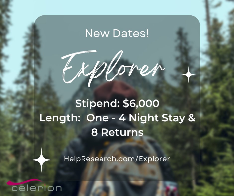 New Dates! Participate in our Explorer Study and earn up to $6,000 for a 4 Night Stay &amp; 8 Returns. Refer a Friend for Explorer and earn $500! To see if you qualify visit HelpResearch.com/Explorer today! 
 #clinicaltrials #clinicalresearch #explorer
