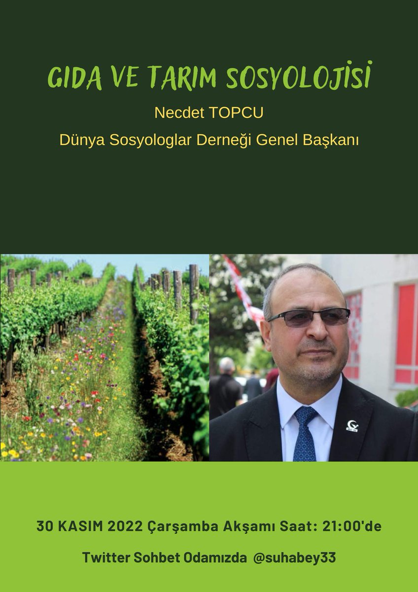 Değerli Arkadaşlar; 30 Kasım 2022 çarşamba akşamı, twitter sohbet odamızın konuğu; Dünya Sosyologlar Derneği Genel Başkanı Sayın Necdet TOPCU, Konu Başlığımız 'GIDA ve TARIM SOSYOLOJİSİ' olacaktır! İlgilenen Dostları saat: 21:00'de BEKLERİZ!
#GıdaVeTarımSosyolojisi
#DoğalTarım