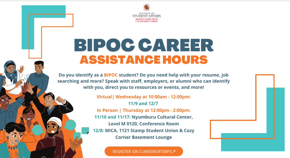Come speak with employers, @umdcareercenter staff, and alumni to help direct you to different resources and assist your professional development. Thu 12/8 in the MICA/LCSL Conference Rm 11:30a-12:30p and 1p-2p in MICA's Cozy Corner.
