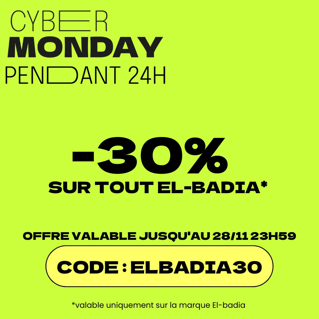 TIC TAC TIC TAC !! Plus que quelques heures pour profiter des -30% sur tout les produits de la marque @elbadia !!?? 

Ne Ratez pas le CYBER MONDAY et faites vous plaisir ! 🔥🎁

Offre valable jusqu’à 23h59🕙