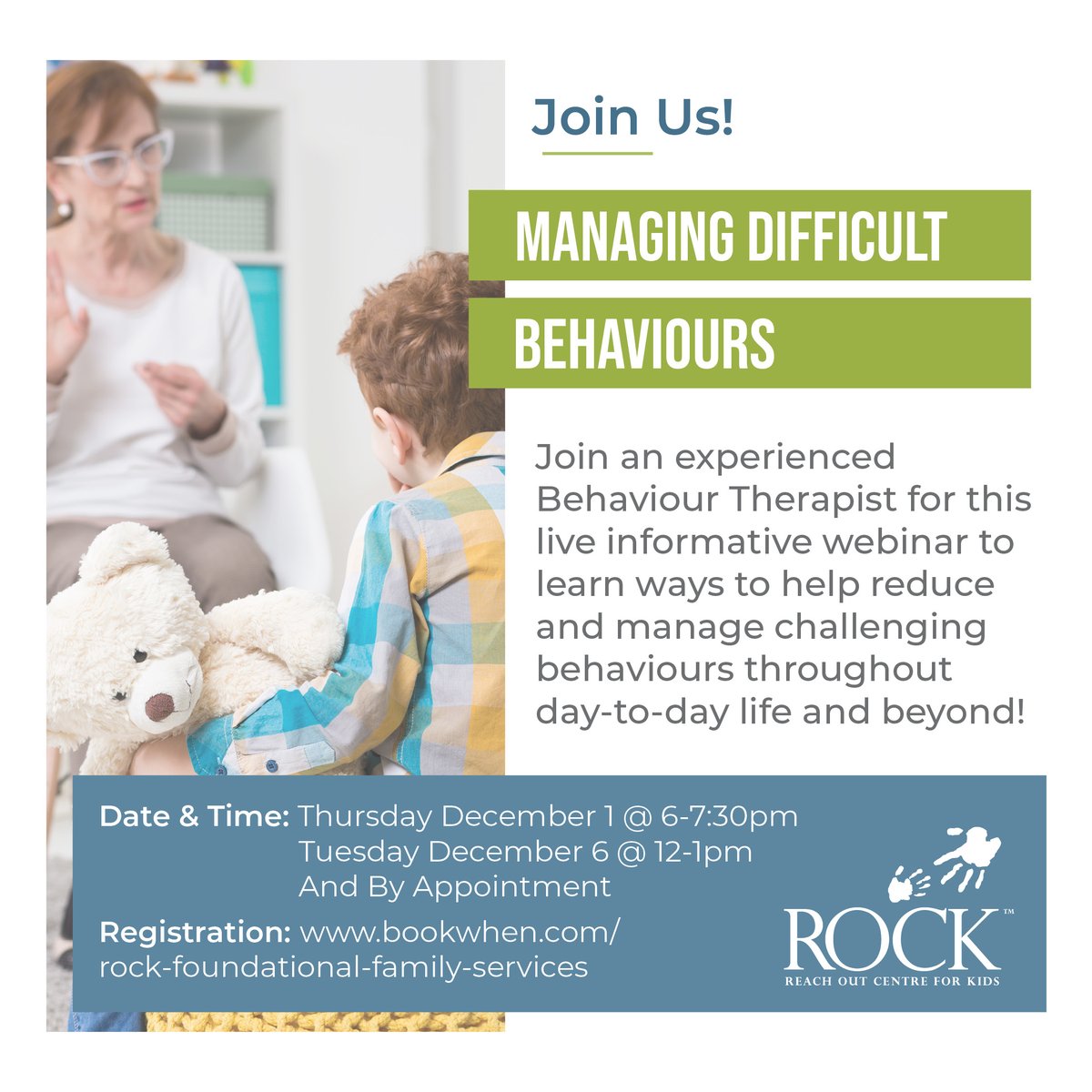 Join an experienced Behaviour Therapist for this webinar to learn ways to help reduce and manage challenging behaviours throughout day-to-day life and beyond!

For more info and to register, visit the link in our bio > ROCK Foundational Family Services Program Registration