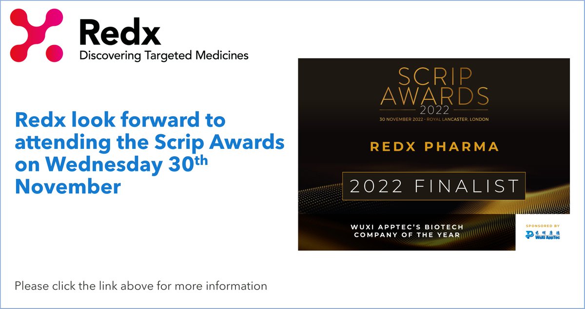 Redx look forward to attending the @PharmaScrip Awards on Wednesday 30th November 2022. We have been shortlisted for Biotech Company of the Year🤞 - for more info, click this link: bit.ly/3DIewXN #biotech #researchanddevelopment #drugdiscovery #drugdevelopment