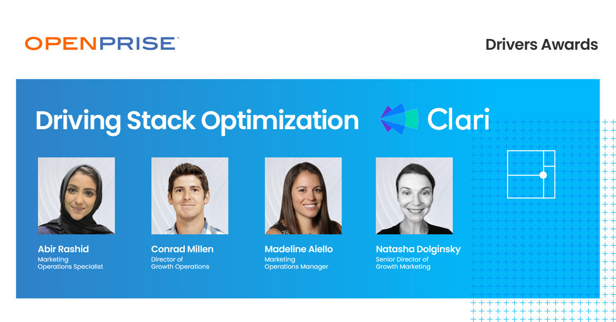 OpenpriseTech's tweet photo. Congratulations to @clarihq, the 2022 Drivers Award winner in Driving Stack Optimization! Meet all of the winners announced at #Open22.
https://t.co/KSAKFhIJed
#RevOps #RevenueOperations #MarTech https://t.co/uvCmOV2hwl