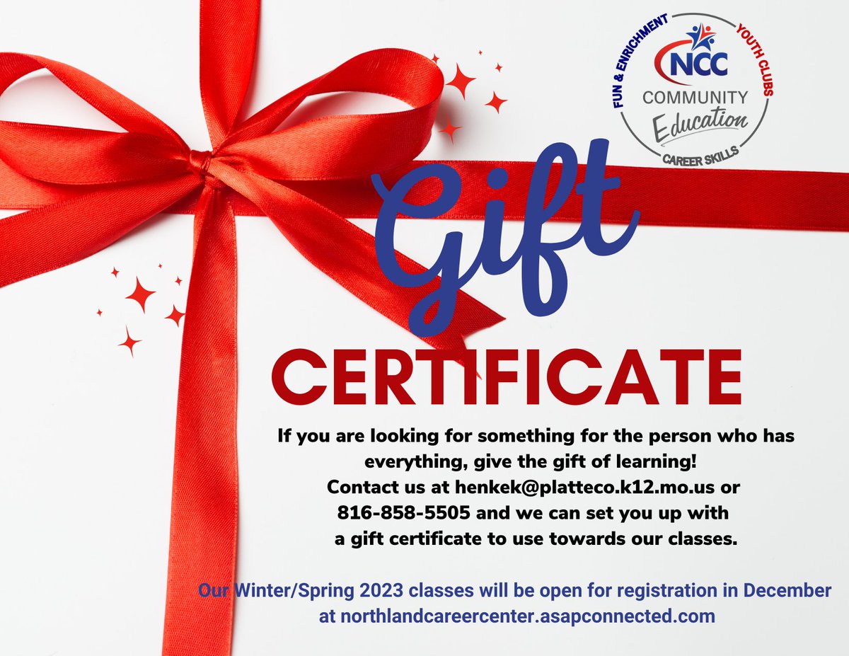 communityedNCC's tweet photo. Give the gift of learning!
Contact us at henkek@platteco.k12.mo.us or 816-858-5505 x1703 to purchase a gift certificate
#giftoflearning #communityeducation #letslearnmore #learnsomethingnew https://t.co/h9kj54cGCt