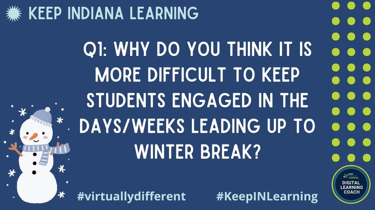 Q1: Why do you think it is more difficult to keep students engaged in the days/weeks leading up to winter break? #KeepINLearning