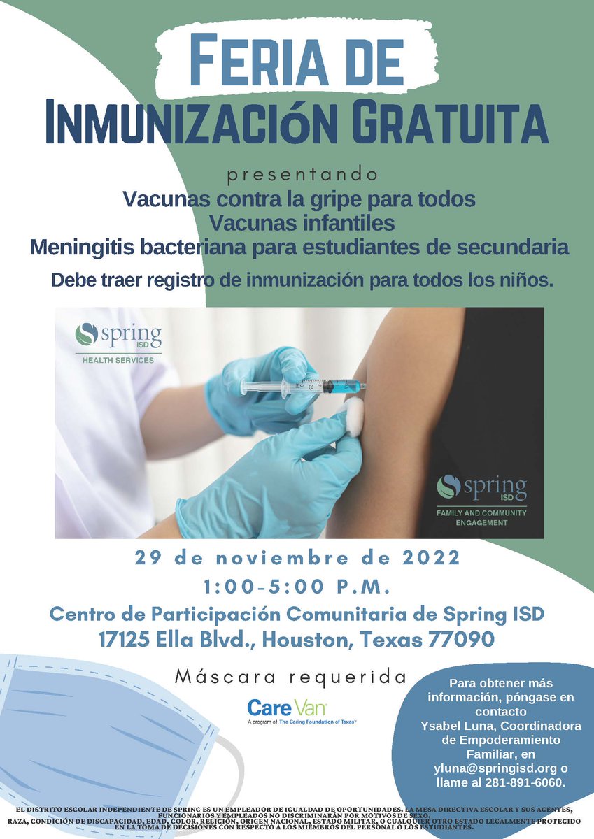 SpringISD_FACE's tweet image. @Springisd families, we invite you to this free opportunity. Get your free flu shots, childhood immunizations and bacterial meningitis for high school students. All you need is your shot records for all children. Tomorrow Tuesday Nov. 29 1-5 pm
@SpringEspanol