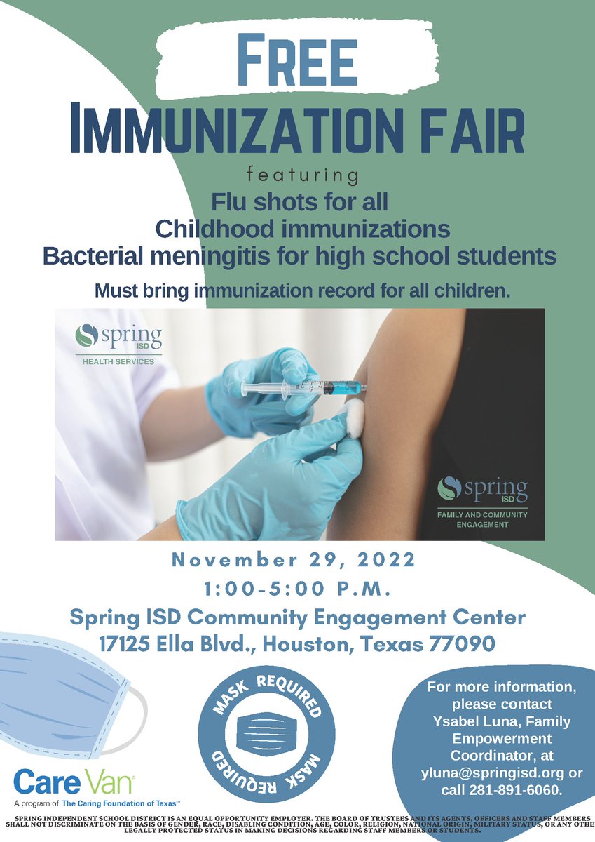 SpringISD_FACE's tweet image. @Springisd families, we invite you to this free opportunity. Get your free flu shots, childhood immunizations and bacterial meningitis for high school students. All you need is your shot records for all children. Tomorrow Tuesday Nov. 29 1-5 pm
@SpringEspanol