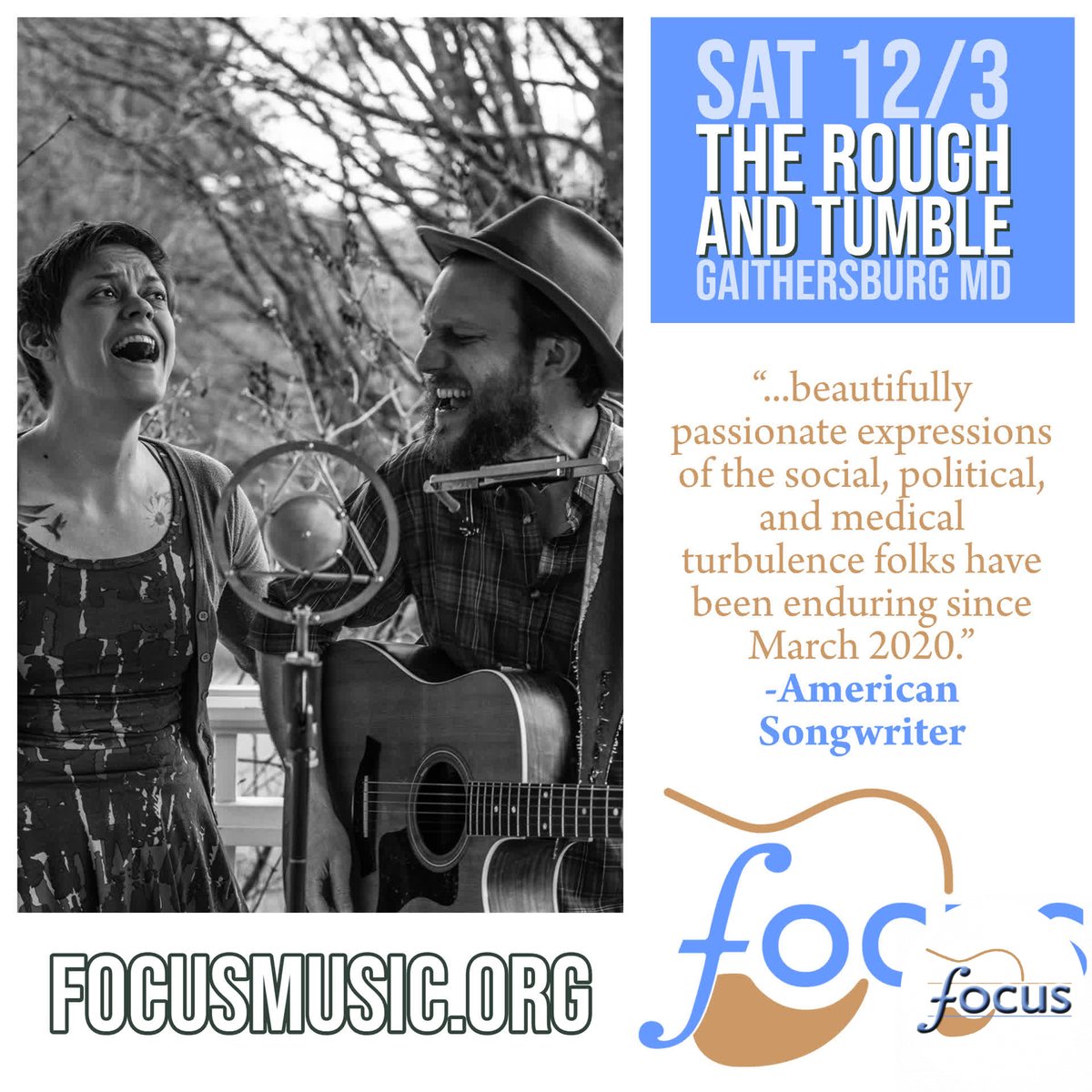 Saturday night with @theroughandtumble at <a href="/ipoasis/">Oasis Ip</a> in #GaithersburgMD or ONLINE - honest Americana "Teeny tiny folk band. Two big dogs. One hamster. One camper" - tickets and info at focusmusic.org