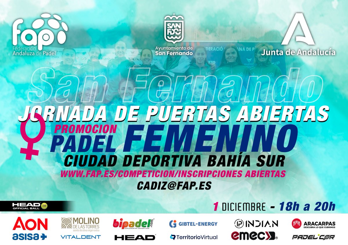 faponline's tweet photo. 📢Jornada de Promoción de Pádel Femenino en #SanFernando 🟢⚪️🟢
✳️La actividad, libre y gratuita, tendrá lugar este próximo jueves 1 de diciembre en las instalaciones de Bahía Sur.
📝Info e inscripciones: https://t.co/7fk0QWqiJF
#FAP #SomosFAP #MujerFAP #padel #Cadiz https://t.co/NsnfYXDhGe