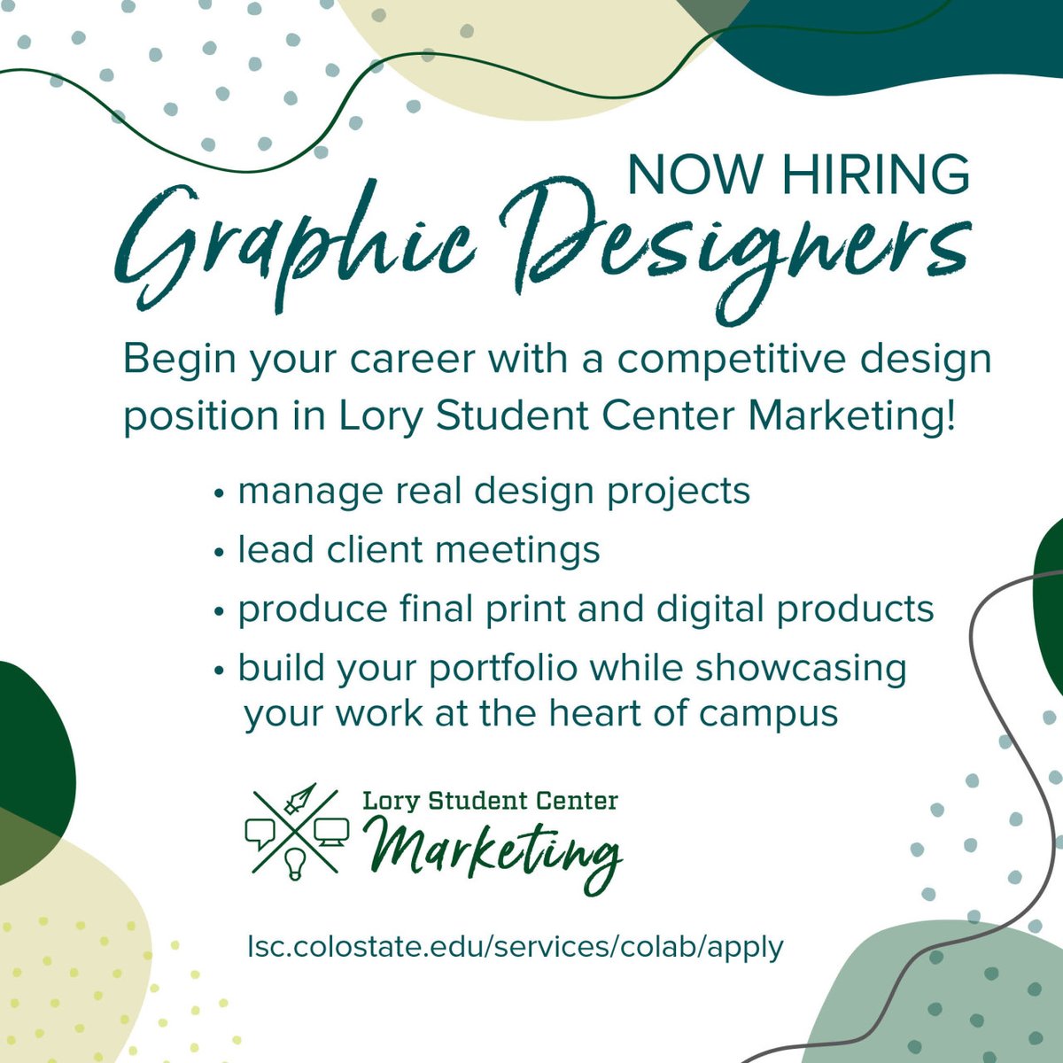 CSULSC's tweet image. Lory Student Center Marketing is looking for student graphic designers! The application deadline has been extended to December 5th! Visit our website at lsc.colostate.edu/services/colab… and apply through Handshake (Job #7165675)