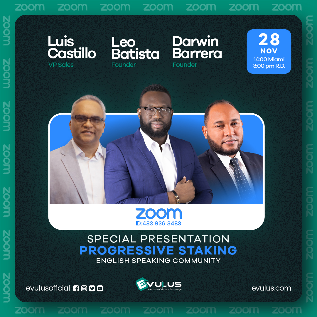 Evulusoficial's tweet photo. Esta será una presentación especial para toda la comunidad, no te pierdas esta tarde este gran encuentro con nuestros Fundadores Leo Batista, Darwin Barreras y nuestro VP Sales, Luis Castillo.⭐
#Evuluvers #Evu #Cryptomarket #Cryptomonedas #StakingProgresivo #Staking https://t.co/8JyVQ4HAv6