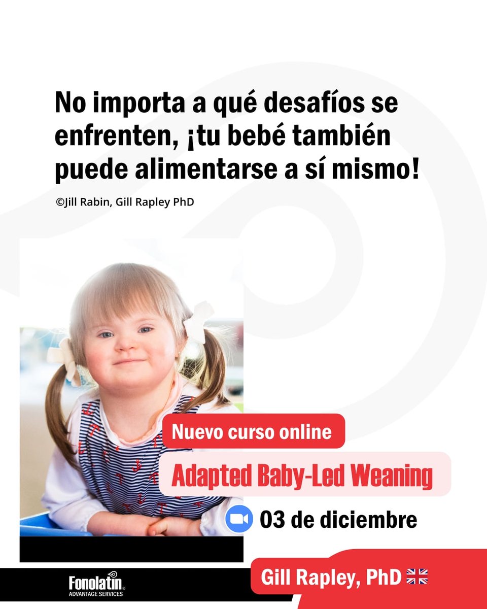 fonolatin's tweet photo. Aprende este próximo sábado 03 de diciembre sobre el "Adapted Baby Led-Weaning (ABLW)", para niños con retrasos en el desarrollo y otros retos en su alimentación, en exclusiva con con Gill Rapley PhD 🇬🇧

#BabyLeadWeaning

🚀Consigue tu espacio en https://t.co/oMGdg3Yrwp https://t.co/KOwyYcmf42