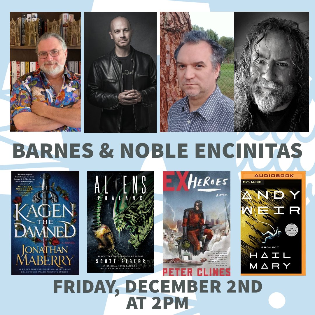 Hey, peeps in the #Encinitas area, this Friday, Dec. 2, 2pm, hang with me, <a href="/JonathanMaberry/">Jonathan Maberry</a>, @PeterClines and @Ray__Porter at Barnes &amp; Noble Encinitas. We'll answer questions, talk about our books (&amp; Ray's narration). GET THEE SOME SIGNED BOOKS AS CHRISTMAS PRESENTS! #COMEGETSOME