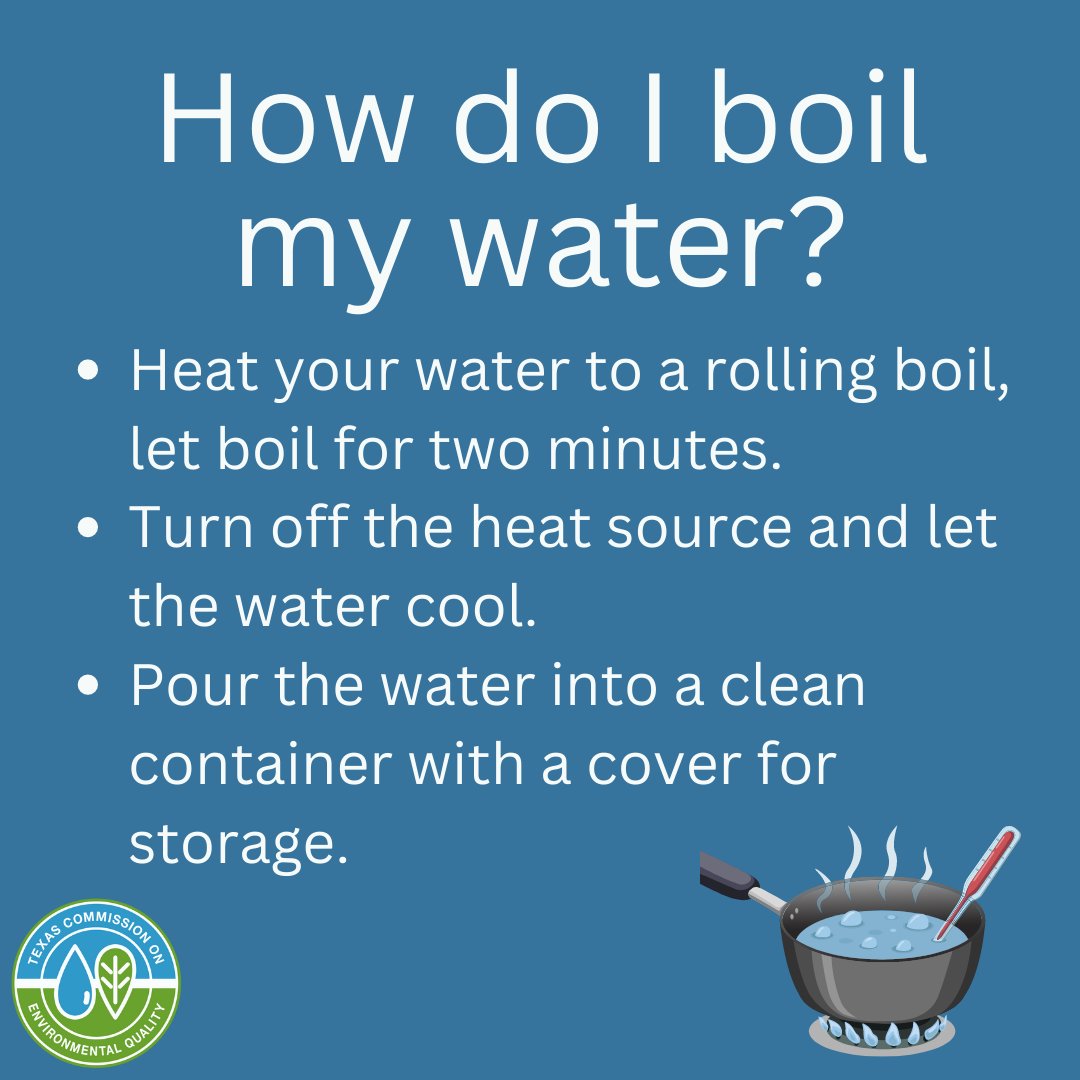 TCEQ's tweet image. The City of Houston remains under a boil water notice. Here’s a quick reminder and some tips on what to do. To learn more about boil water notices, visit bit.ly/3OFIrDq #boilwaternotice #boilwateradvisory