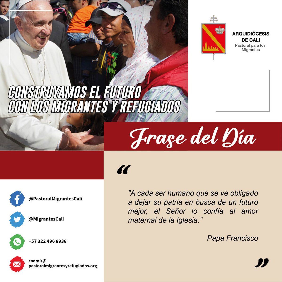 MigrantesCali's tweet photo. #EcosDeLaJMMR🫂 | Pidamos un corazón que acoja a los #migrantes. Tratemos a nuestros hermanos y hermanas más necesitados como si fuera #Jesús quien busca ser acogido.

#PapaFrancisco #JMMR2022 #ConstruirelFuturoJuntos 🤝🏻🌍 https://t.co/MJoxgbdlAk