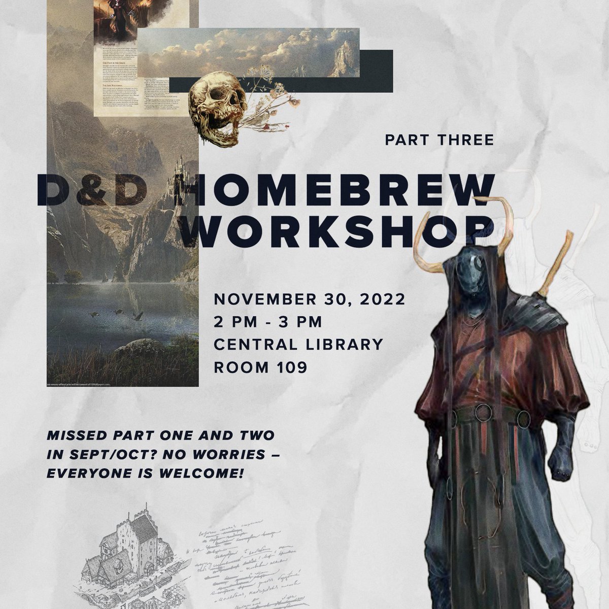 UTABasement's tweet photo. Hope you all stayed dry and warm this Thanksgiving and are ready for our third &amp; final D&amp;D Homebrew Workshop coming up this Wednesday from 2pm to 3pm @ Room 109 of Central Library!

Join us in exploring world-building, character creation, and mechanics of Dungeons &amp; Dragons! ��️🎲 https://t.co/odjVZTVk9B