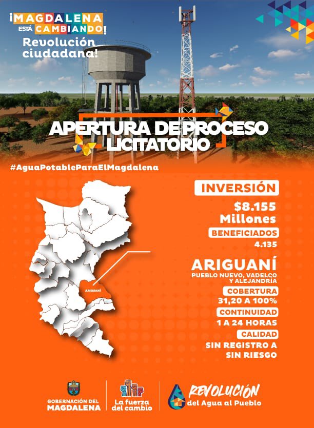 carlosecaicedo's tweet photo. No paramos! Abrimos proceso de licitación de proyectos de acueducto para Plato y Ariguaní en los corregimientos de Pueblo Nuevo, Vadelco y Alejandría; estás obras beneficiarán a más de 56 mil personas y contará con una inversión de $18.412 millones. El Cambio se hace con obras! https://t.co/WOax1YrSre