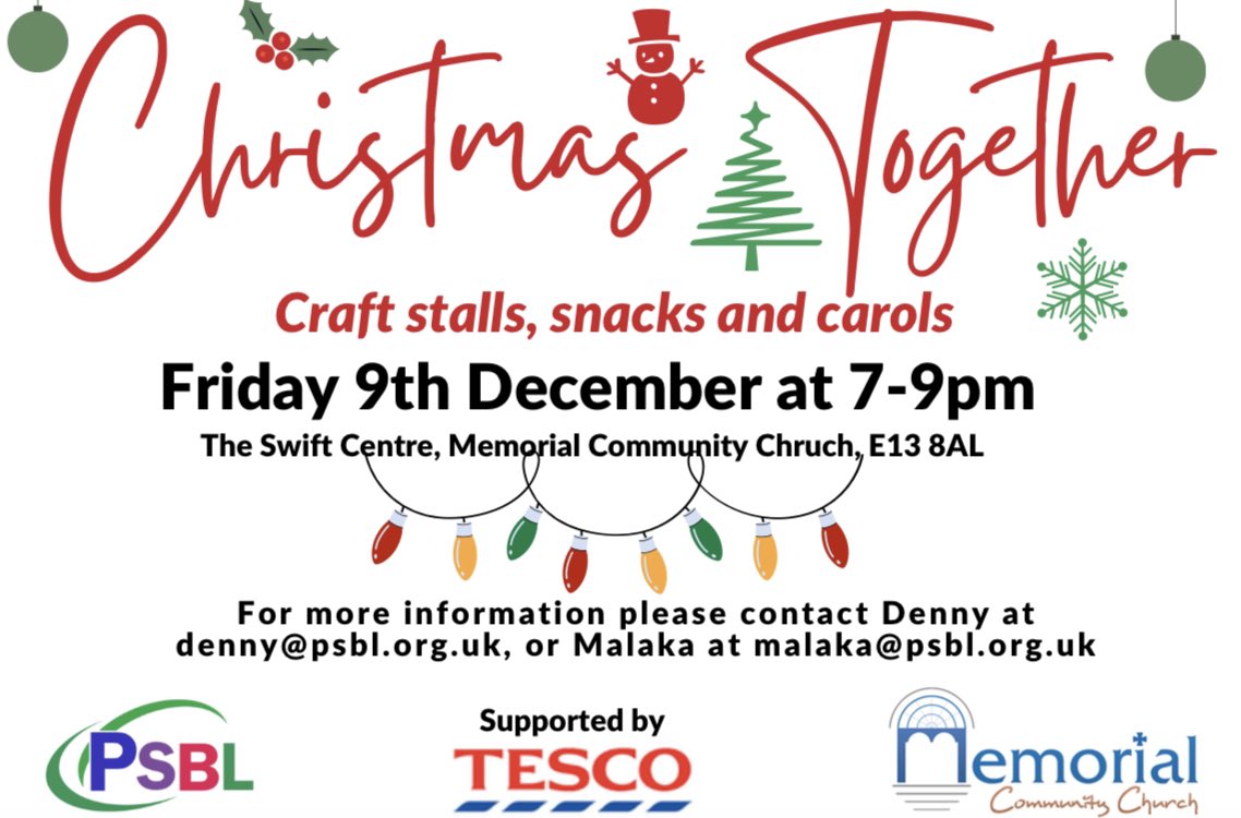plaistowsouth's tweet photo. 📍 Join us for this festive community event!
‘Christmas Together’ on 9th December, from 7-9pm. This is a joint event with Memorial Community Church, supported by @Tesco #EveryoneWelcome #psbl #biglocal #community #winter #festive #plaistowsouth https://t.co/mylkqq84q8