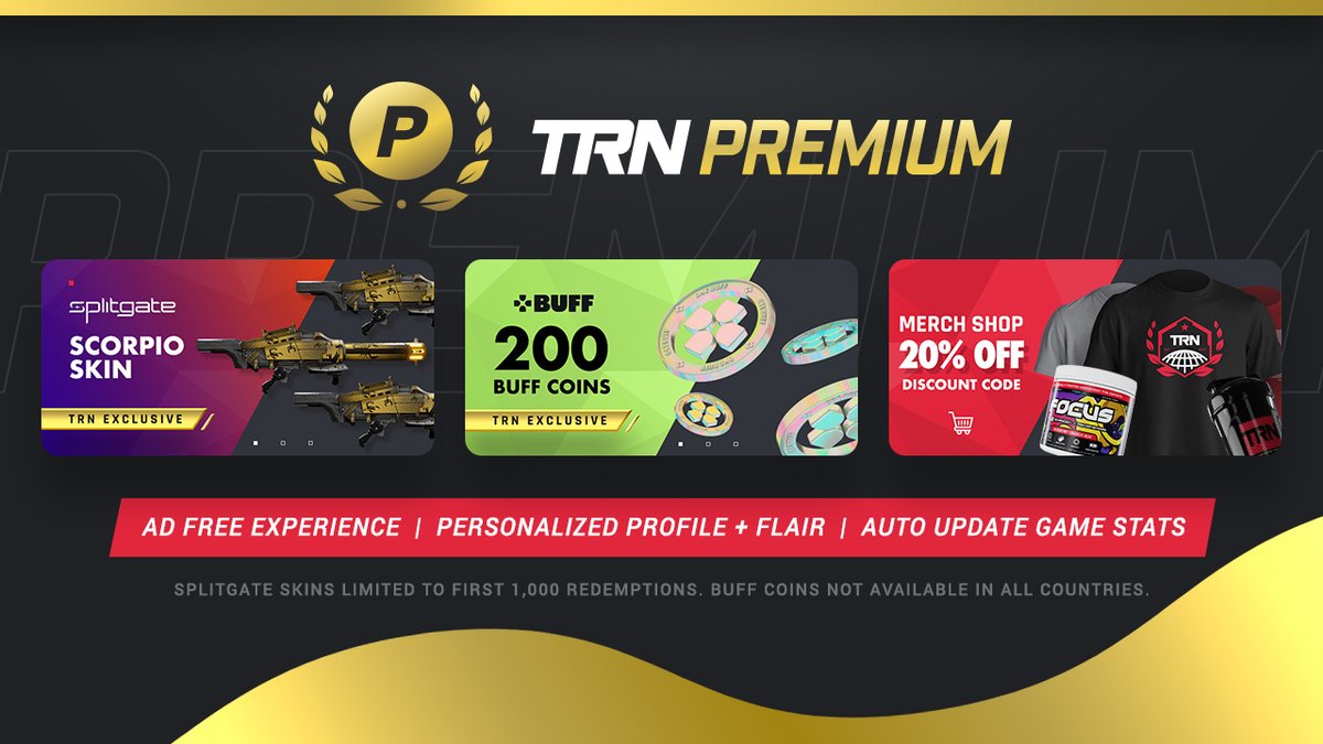 trackernetwork's tweet image. TRN Premium is 50% OFF for a limited time!

Join for as low as $2/mo and you'll be entered into our HUGE giveaway! You'll also gain access to our Premium benefits and rewards!

GET PREMIUM: go.tracker.gg/premium

Check out all the prizes, rewards and benefits below!